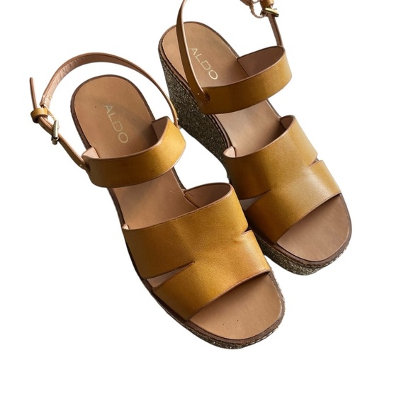 ALDO Gold Glitter Platform Wedge Sandals Ankle Strap Mustard Yellow Sz 10 - Picture 4 of 8
